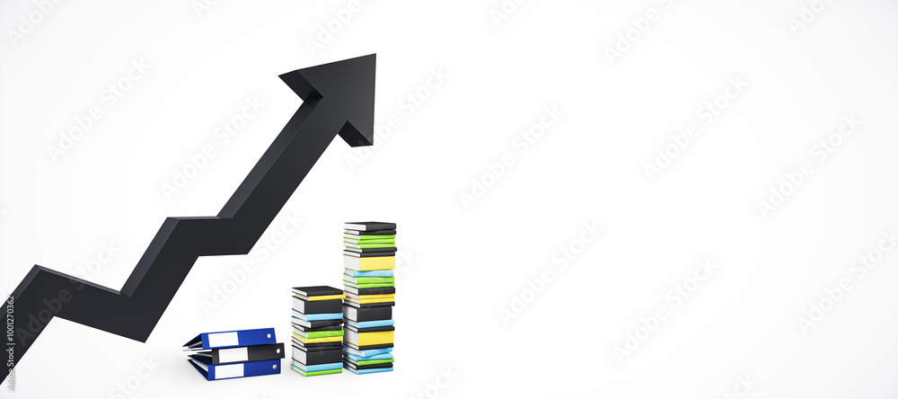 Black Arrow Pointing Upwards with Stacks of Books and Binders on White Background. 3D Rendering Black Arrow Pointing Upwards with Stacks of Books and Binders on White Background. 3D Rendering