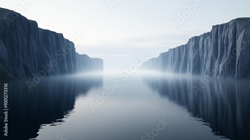 Foggy fjord with drifting mist, towering cliffs and calm water reflections, 3D illustration