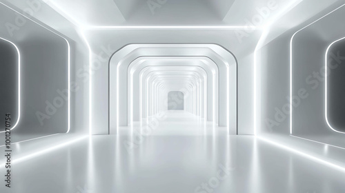 Abstract white futuristic corridor with glowing lights.