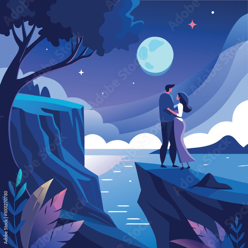 Young girls or male stand on the rock lovely marriage proposal landscape with river mountain moonlight background generated Ai