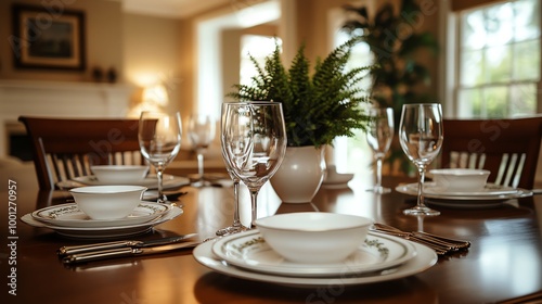 A set table with white dishes, silver cutlery, wine glasses and a potted plant on a wooden table.