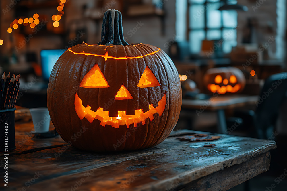 Corporate Halloween celebration in an IT office setting, featuring employees in costumes, decorations, and a festive atmosphere. 
