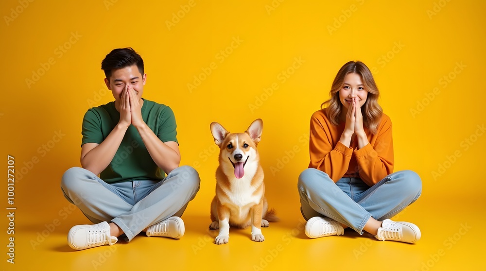 Obraz premium Smiling girl holding adorable puppy, sitting on a cozy studio floor, capturing a moment of pure joy and unconditional love