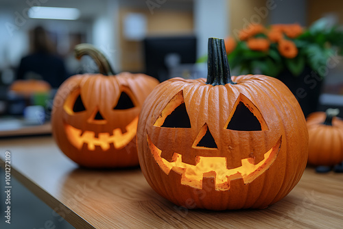 Corporate Halloween celebration in an IT office setting, featuring employees in costumes, decorations, and a festive atmosphere. 