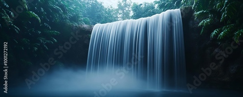 Serene waterfall with drifting fog, cascading water in dense forest, 3D illustration