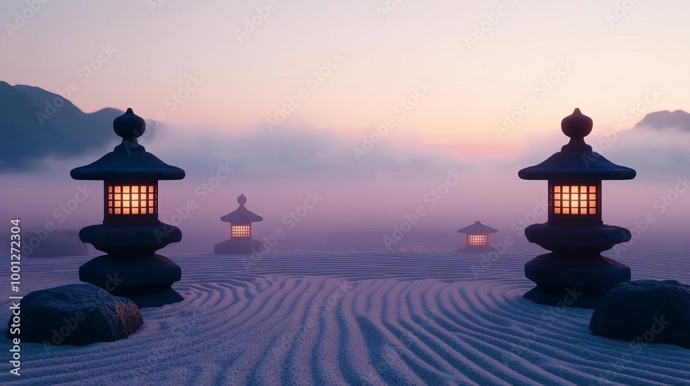 Serene zen garden with drifting fog, stone lanterns and raked sand, 3D illustration Serene zen garden with drifting fog, stone lanterns and raked sand, 3D illustration