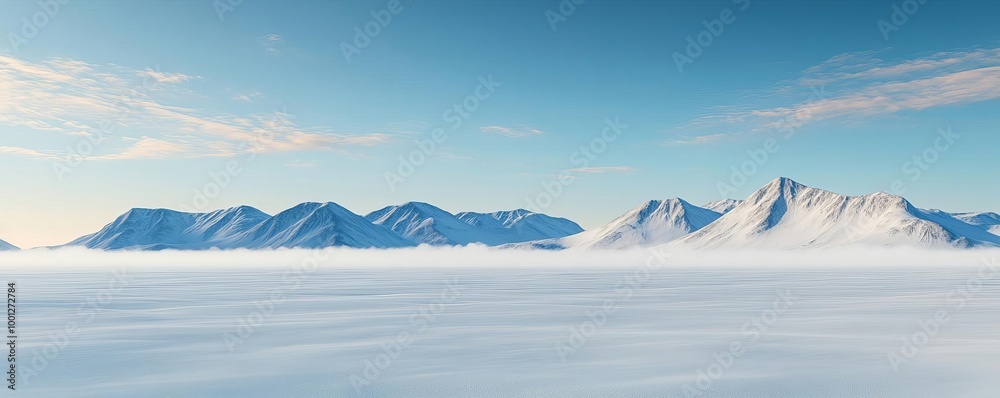 Vast tundra with drifting fog, snowy landscape and distant mountains, 3D illustration Vast tundra with drifting fog, snowy landscape and distant mountains, 3D illustration
