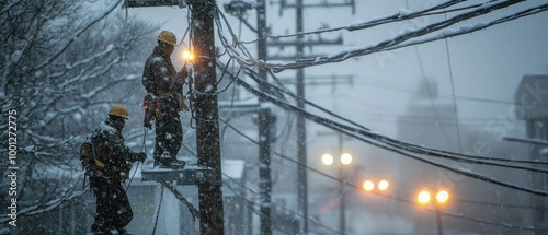 Electricians Repairing Power Lines in Snowy Conditions