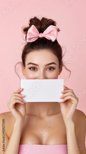 Happy Young Woman with Blank Gift Voucher