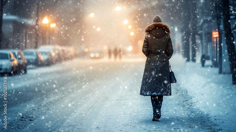 Woman walking down a snowy street in the city. Woman walking down a snowy street in the city.