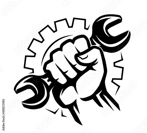 Tool wrench in hand and gear. Industry, service repair, workshop symbol or logo. Black and white vector illustration