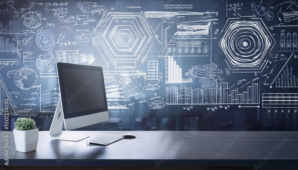 Multi exposure of table with computer on background and data theme drawing. Concept of innovation. Multi exposure of table with computer on background and data theme drawing. Concept of innovation.