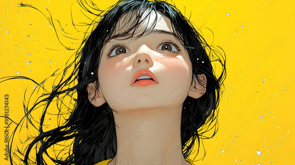 Anime Girl with Flowing Hair in Yellow Background Anime Girl with Flowing Hair in Yellow Background