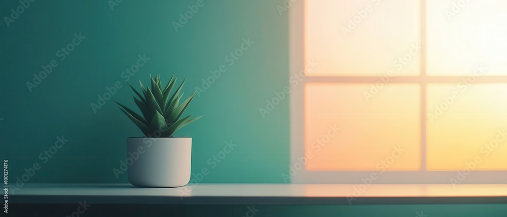 A serene indoor scene featuring a green plant in a white pot, illuminated by warm sunlight streaming through a window.