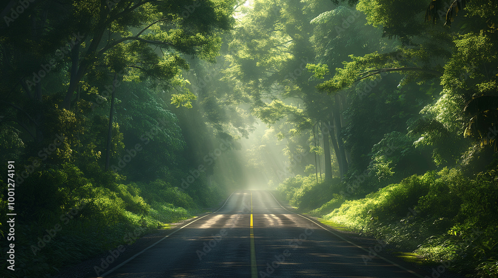 Fototapeta premium Scenic Forest Road at Sunrise with Lush Green Trees and Sunlight – Tranquil Nature Landscape