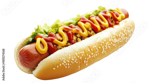 A classic hot dog with ketchup and mustard, isolated on transparency background PNG.