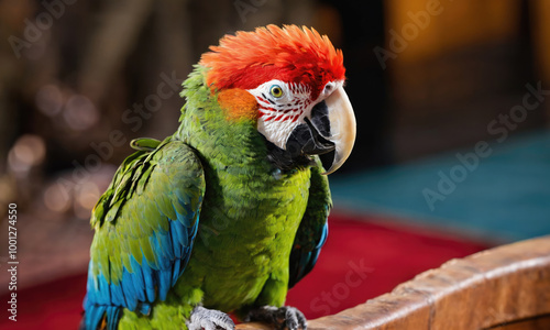 A green and red macaw sits on a wooden perch photo