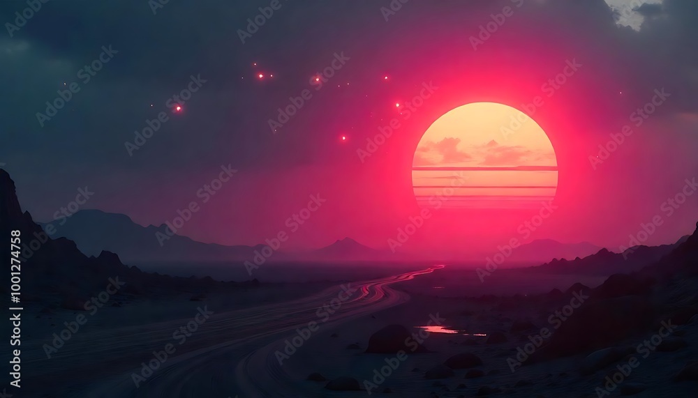 Obraz premium time-lapse of dawn over a futuristic wasteland, with glowing neon shapes floating in the sky, casting abstract patterns of light across the barren landscape