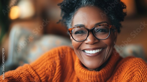 A woman with glasses is smiling and wearing an orange sweater