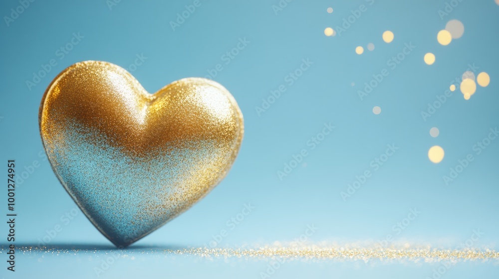 Fototapeta premium A shiny gold heart icon on a soft blue background, perfect for romantic event promotions and celebrations