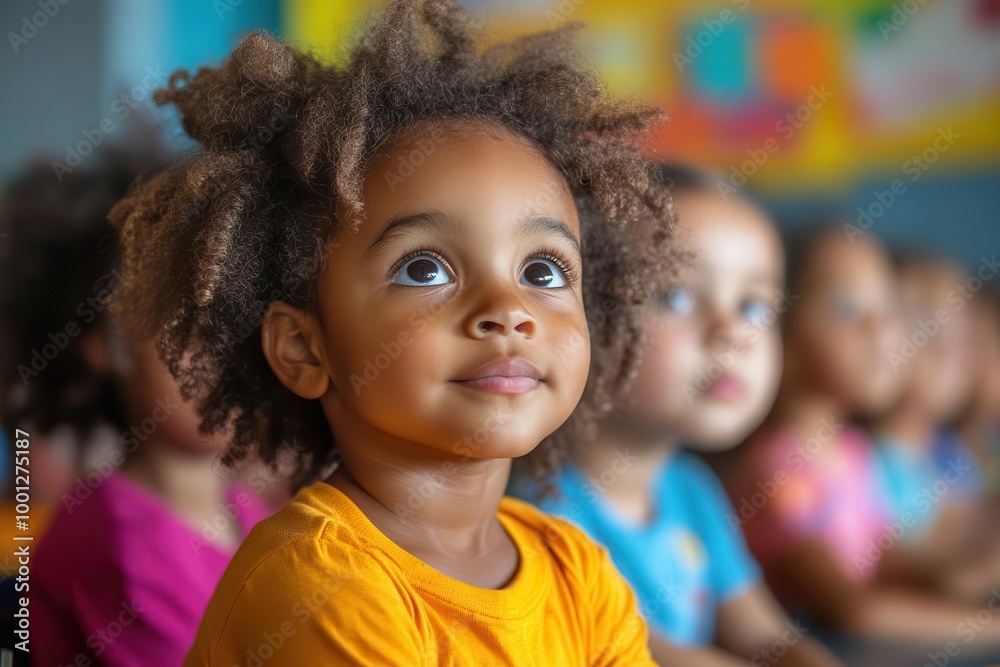 toddlers of mixed races sitting in a colorful classroom looking in awe at their teacher their expressions of curiosity and wonder convey the joy of learning in a nurturing educational environment toddlers of mixed races sitting in a colorful classroom looking in awe at their teacher their expressions of curiosity and wonder convey the joy of learning in a nurturing educational environment