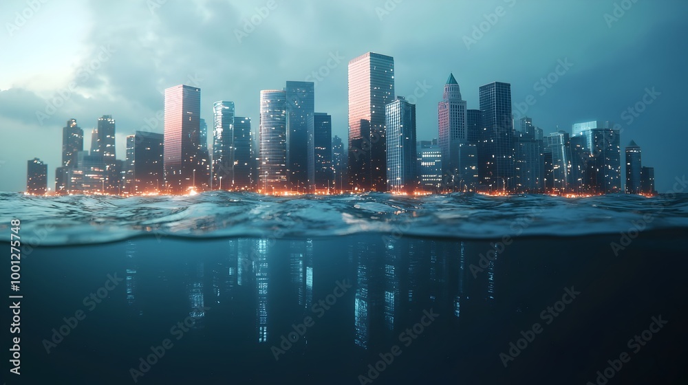 Naklejka premium Glittering Cityscape Reflecting on Tranquil Waters under Dramatic Stormy Sky