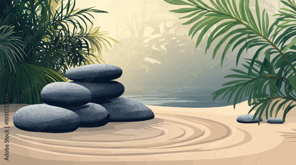 Vector art of a tranquil Zen garden with raked sand, stones, and a peaceful pond. Vector art of a tranquil Zen garden with raked sand, stones, and a peaceful pond.