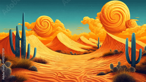 Vector art of a surreal desert where the sand dunes form giant waves, and cacti are shaped like spirals.