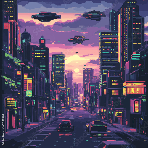 Vector illustration of a pixelated retro-futuristic city with neon skyscrapers and flying cars.