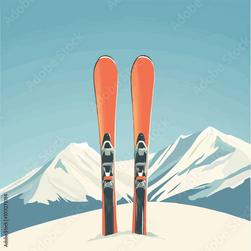 Vector image of a pair of skis standing upright in the snow with a mountain backdrop.