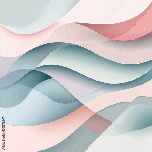 Vector image of overlapping layers of soft, wavy shapes in pastel tones, blending into a peaceful composition.