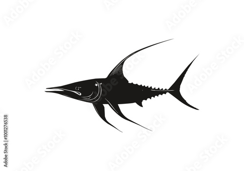 Vector of a swordfish swimming swiftly through water, silhouetted on a white background.