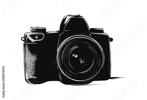 Vector silhouette of a compact camera with a flash and zoom lens.
