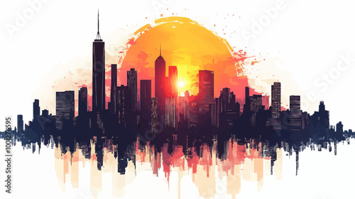 Vector silhouette of a cityscape with tall buildings and a rising sun behind, on a white background.