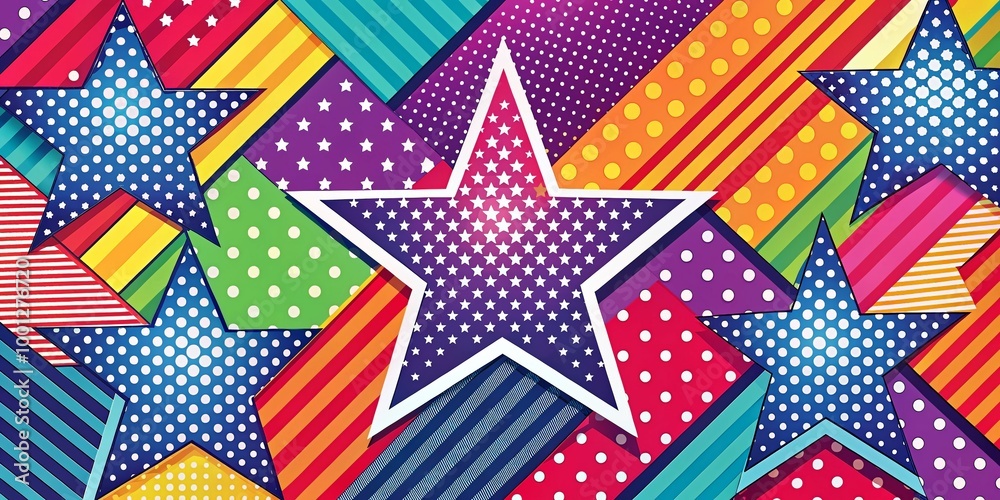 Vibrant, bold, and colorful geometric patterns featuring stars, polka dots, and stripes create a lively and energetic Vibrant, bold, and colorful geometric patterns featuring stars, polka dots, and stripes create a lively and energetic