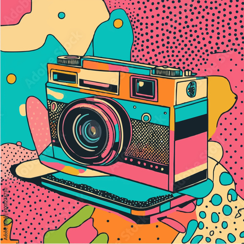 Vintage Polaroid camera capturing modern selfie, surrounded by retro patterns and bold 90s color schemes. Vector illustration.