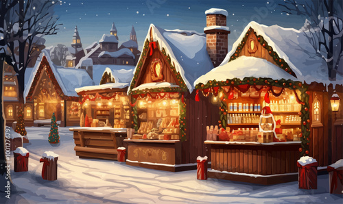 Winter market scene with wooden stalls selling holiday treats, decorations, and warm drinks. Vector illustration.
