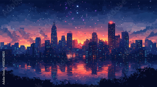 Pixelated city skyline at night with glowing windows and stars twinkling overhead.