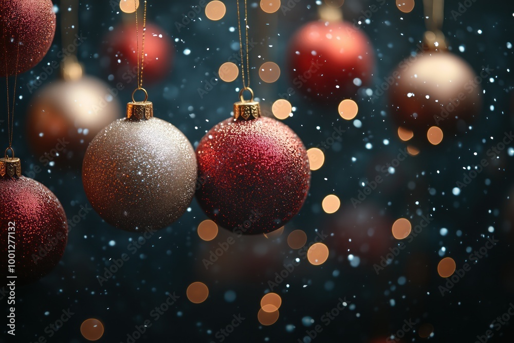 Shiny red and beige Christmas balls with bokeh lights Shiny red and beige Christmas balls with bokeh lights