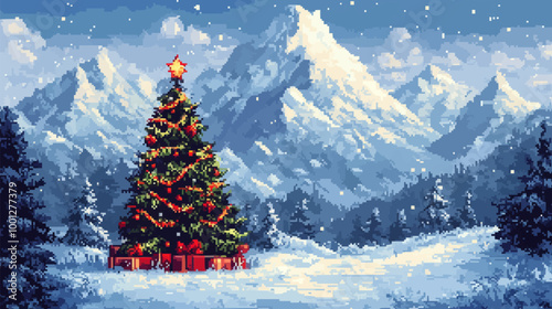 Pixel-style snowy mountain landscape with a decorated Christmas tree in the center.
