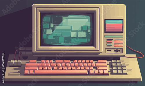 Retro 90s computer with chunky keyboard and pixelated desktop icons. Vector illustration.