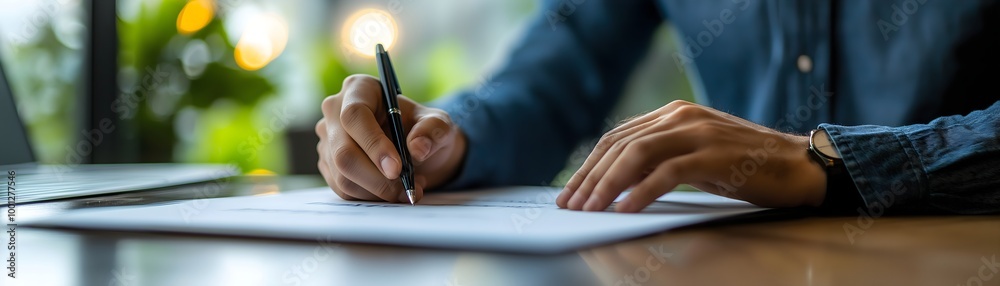 A person holding a pen, writing on paper, surrounded by greenery, illustrating creativity and focus in a calm workspace. A person holding a pen, writing on paper, surrounded by greenery, illustrating creativity and focus in a calm workspace.