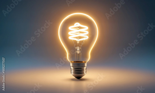 A glowing light bulb with a spiral filament sits on a table in front of a blue background