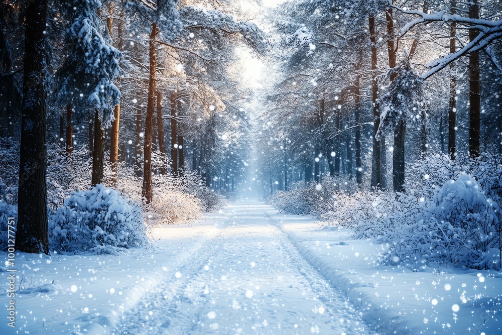 A snowy path through a forest. A snowy path through a forest.