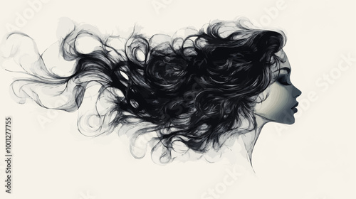 Silhouette of a womanâ€™s profile with flowing hair forming intricate shapes, set against white.