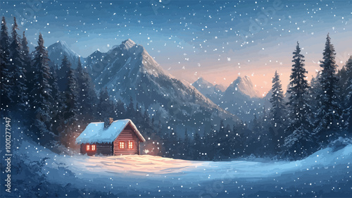 Snowflakes falling over mountain cabin surrounded by pine trees, vector scene.