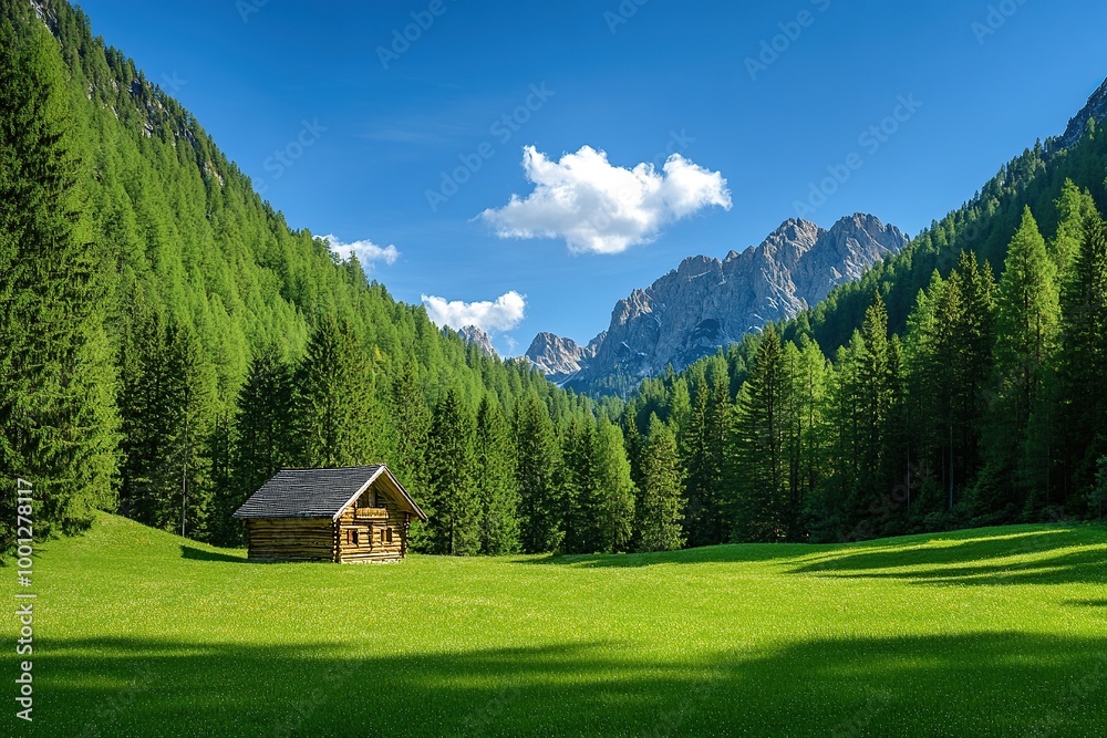 Photograph of the Dolomites in Italy, a green meadow with a small cabin and forest, Photograph of the Dolomites in Italy, a green meadow with a small cabin and forest,