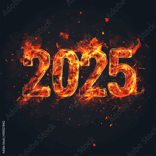 Stylized vector of "2025" written in dsmoke and fire, with a fiery background and glowing embers.