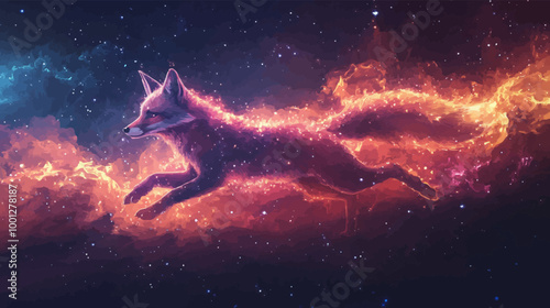 Stylized vector of a celestial fox made of stars, running through a nebula in outer space.