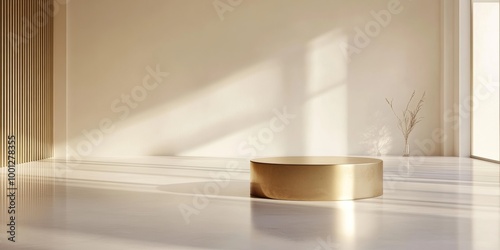 A sleek golden pedestal placed in a bright room, designed for showcasing luxury products with a modern flair photo